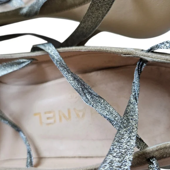 CHANEL Beige & Gold Lace Up Pumps Size 36